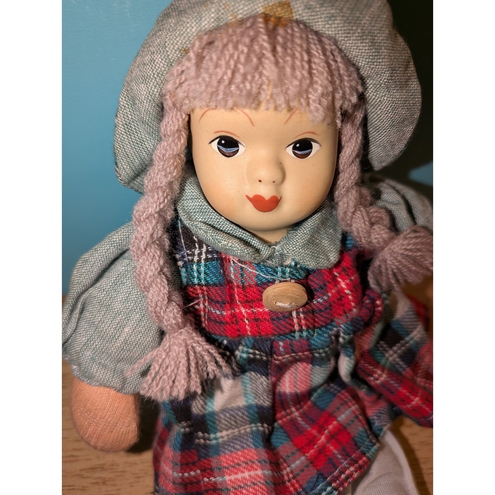 Vintage Porcelain Face Cloth Doll Plaid Dress Yarn Braids Hooded Bonnet Folk Art